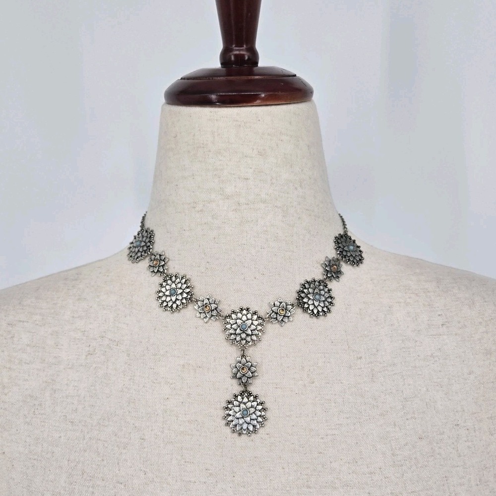 Layered Lotus Flower Y Necklace Silver Tone Blue Amber Cabochon 16" Vintage